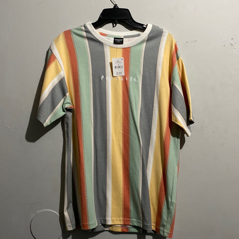 New Mens Small Cotton On striped t-shirt embroidered with the word paradise